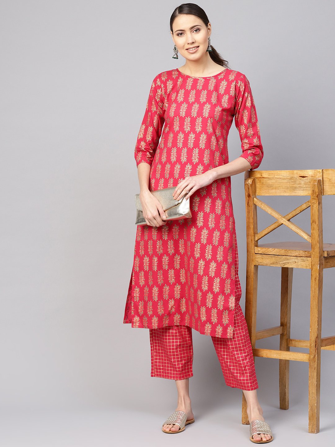 Women Red & Golden Printed Kurta with Trousers | NOZ2TOZ - Made In INDIA.