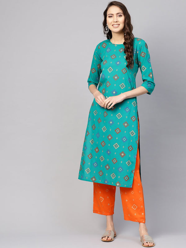 Women Green & Orange Printed Kurta with Palazzos | NOZ2TOZ - Made In INDIA.