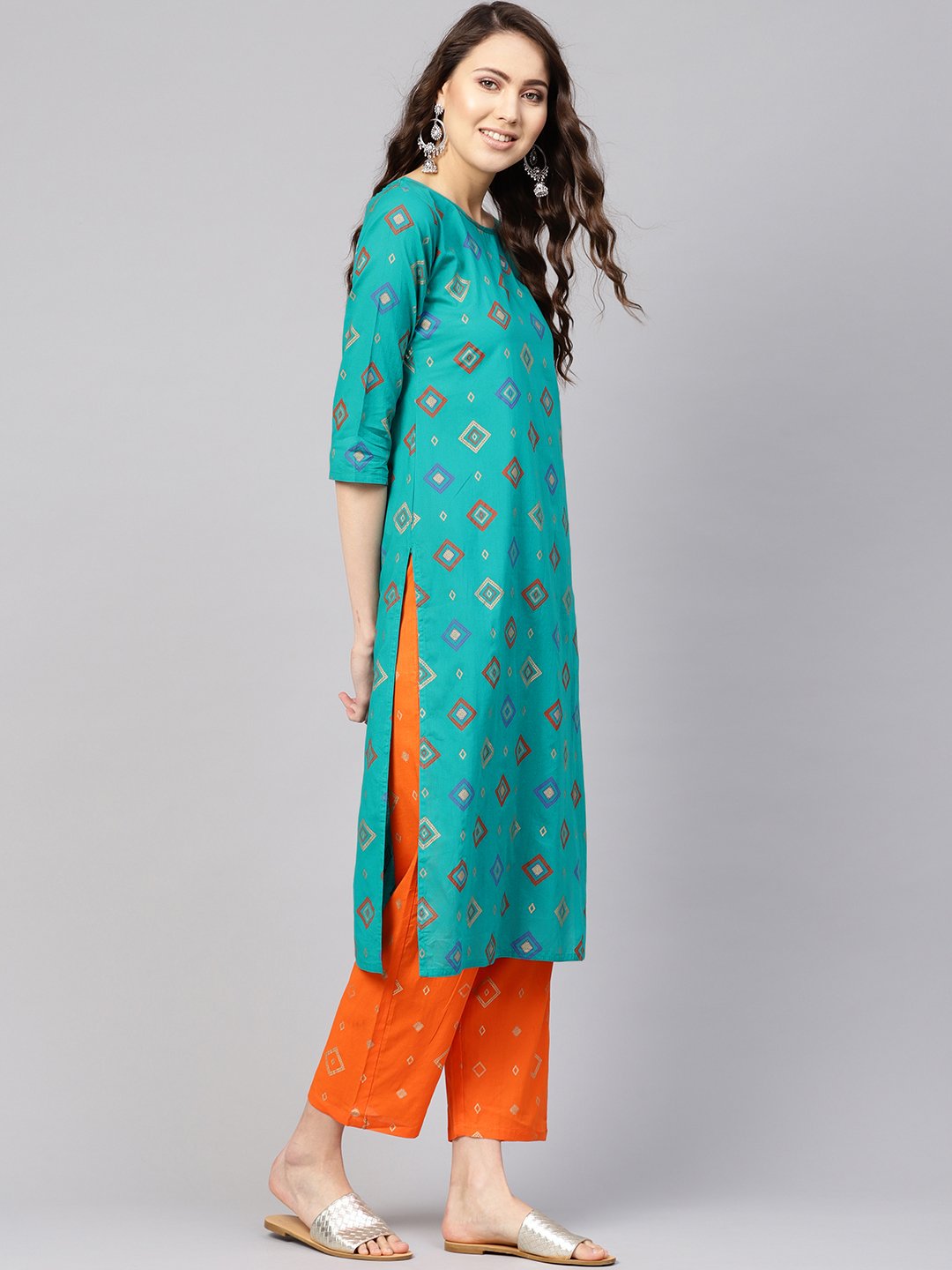 Women Green & Orange Printed Kurta with Palazzos | NOZ2TOZ - Made In INDIA.