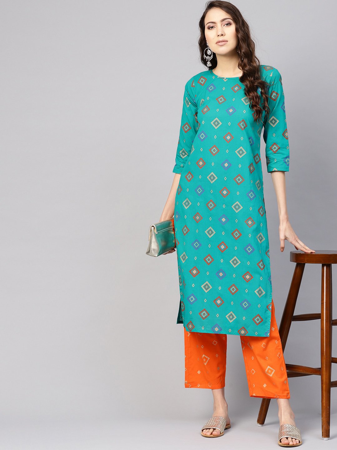 Women Green & Orange Printed Kurta with Palazzos | NOZ2TOZ - Made In INDIA.