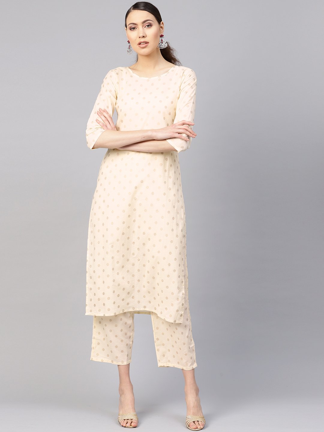 Women Cream-Coloured & Golden Printed Kurta with Trousers | NOZ2TOZ - Made In INDIA.