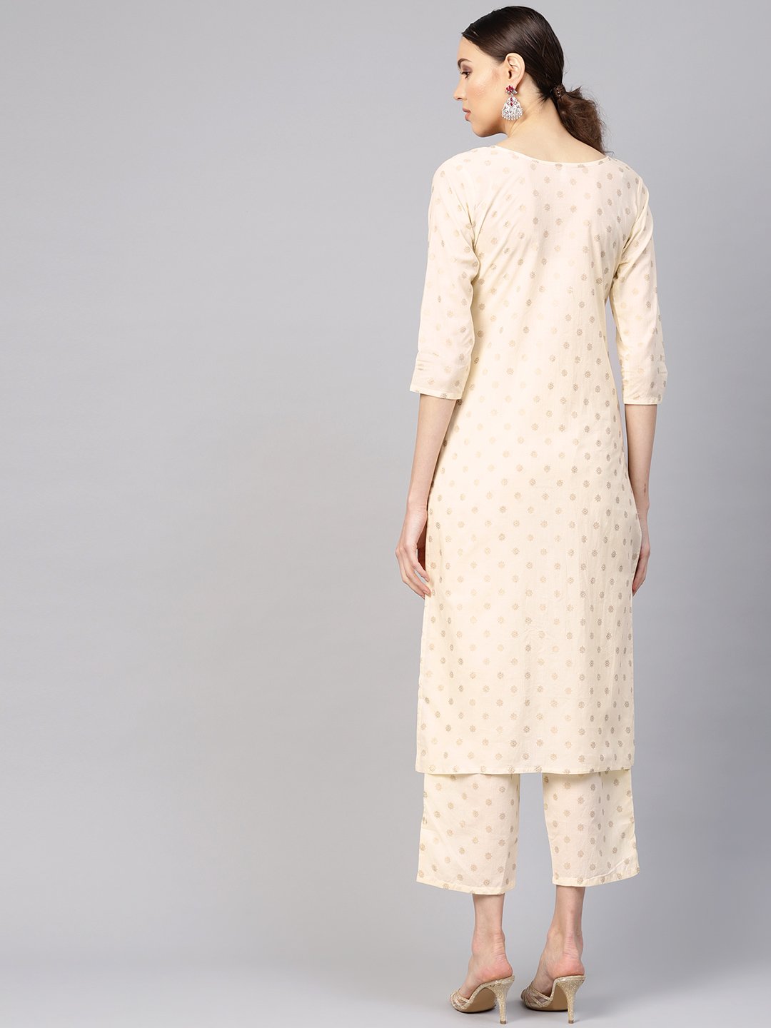 Women Cream-Coloured & Golden Printed Kurta with Trousers | NOZ2TOZ - Made In INDIA.