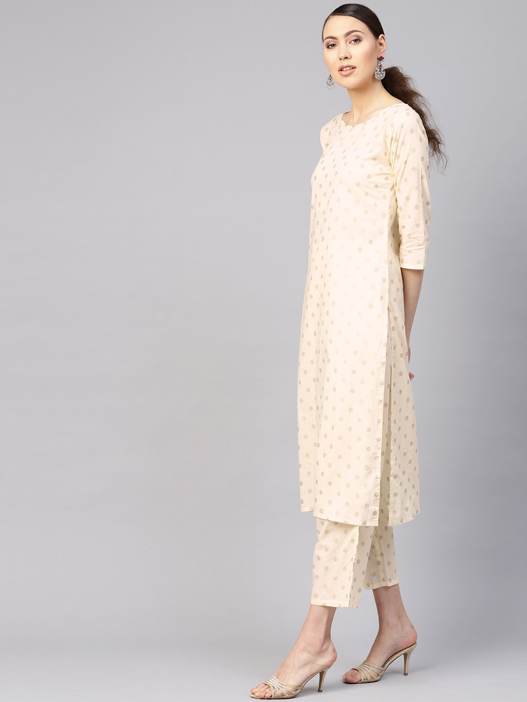 Women Cream-Coloured & Golden Printed Kurta with Trousers | NOZ2TOZ - Made In INDIA.