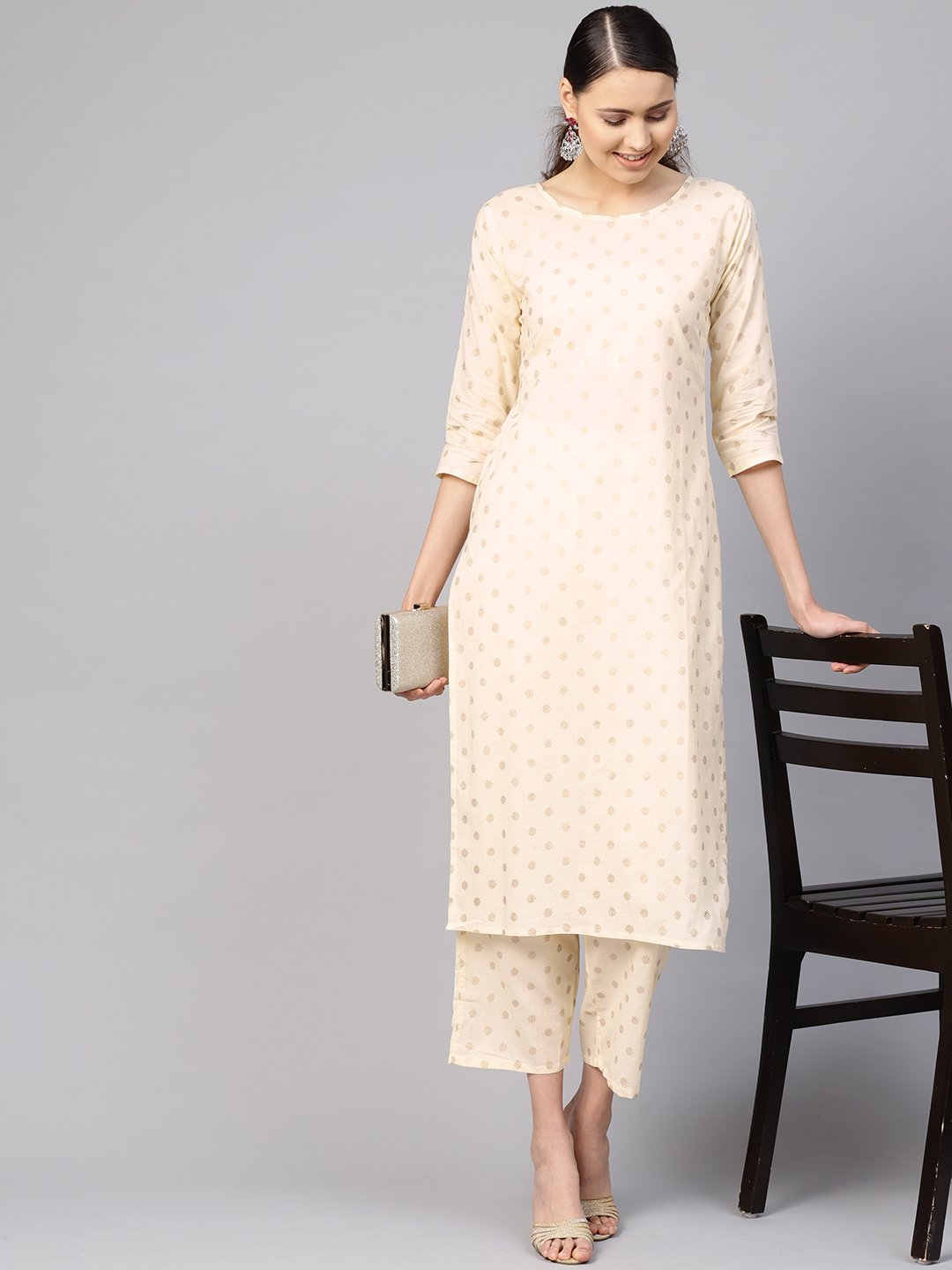 Women Cream-Coloured & Golden Printed Kurta with Trousers | NOZ2TOZ - Made In INDIA.