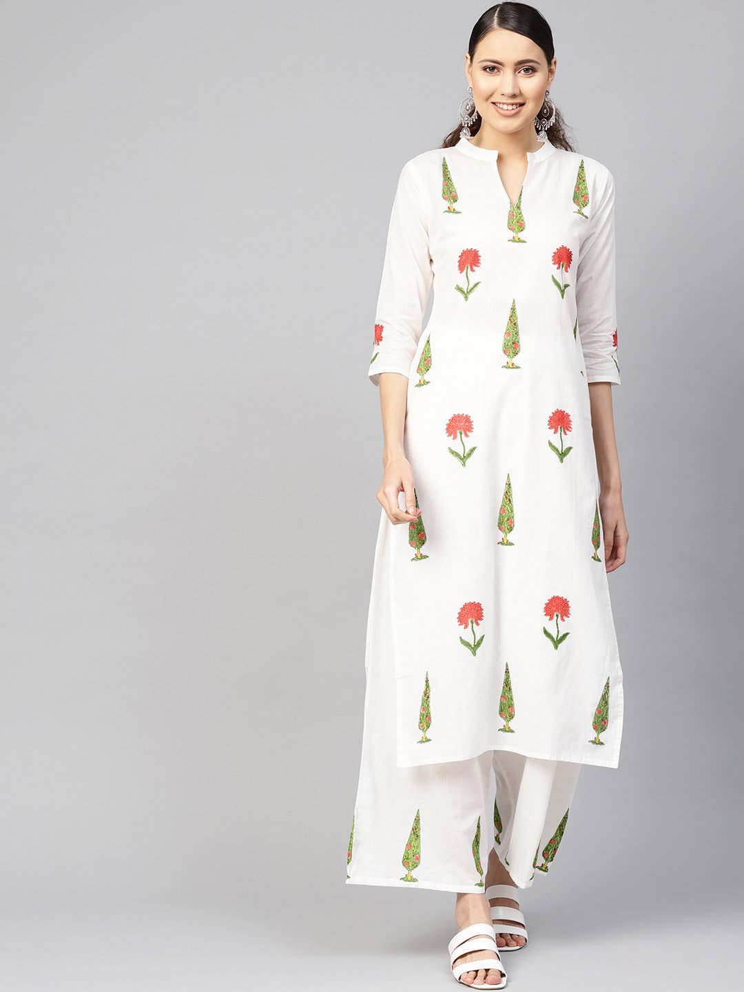 Women White & Green Printed Kurta with Palazzos | NOZ2TOZ - Made In INDIA.