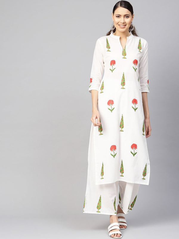 Women White & Green Printed Kurta with Palazzos | NOZ2TOZ - Made In INDIA.