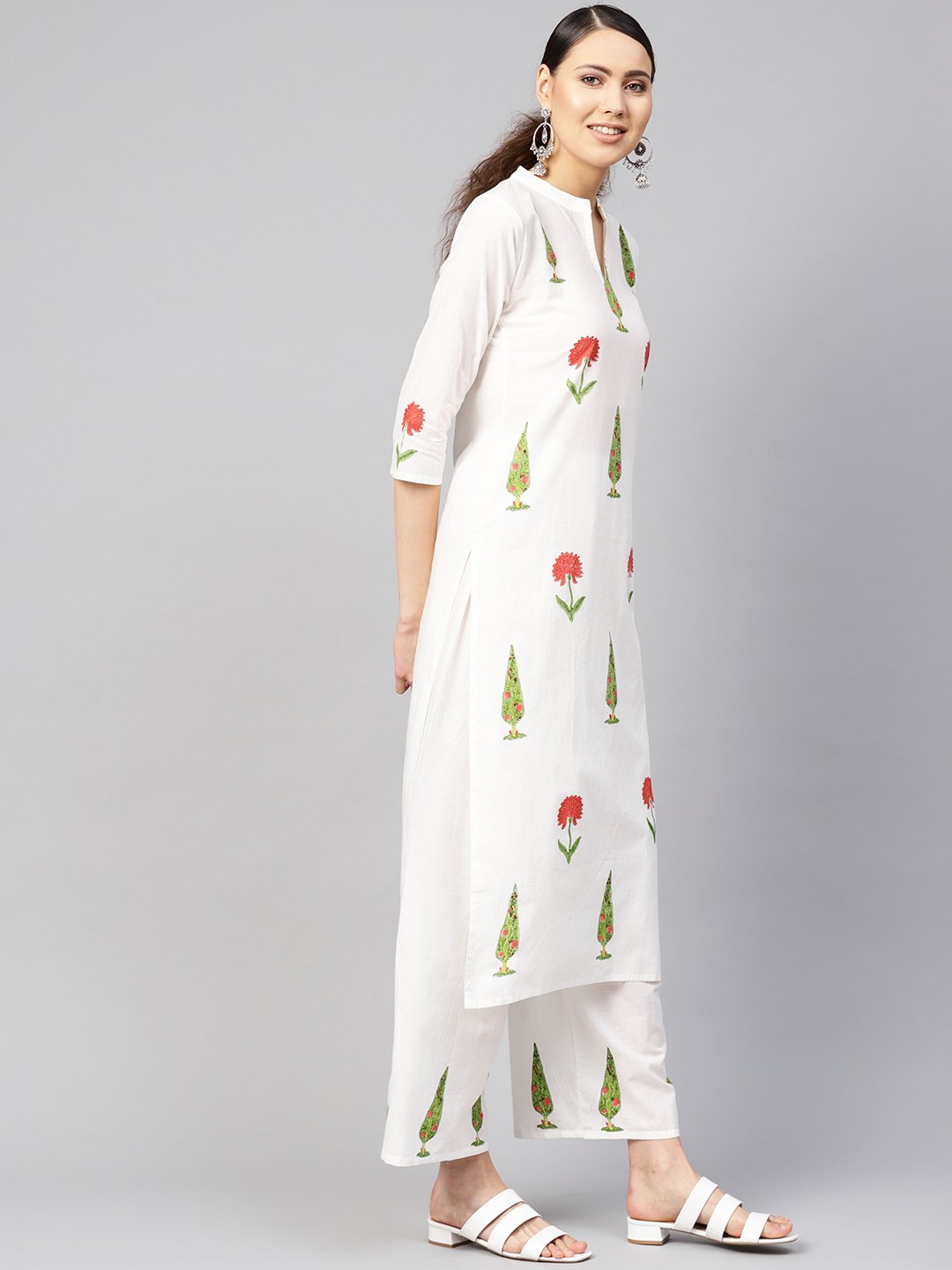 Women White & Green Printed Kurta with Palazzos | NOZ2TOZ - Made In INDIA.