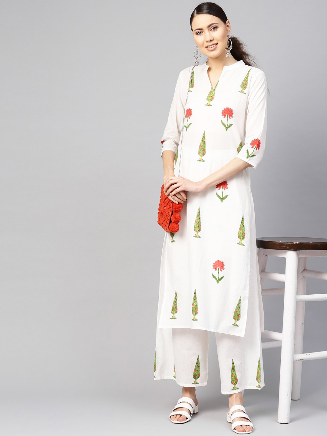 Women White & Green Printed Kurta with Palazzos | NOZ2TOZ - Made In INDIA.