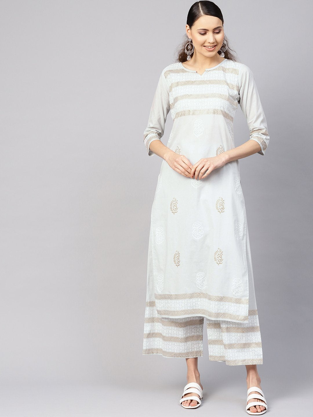 Women Grey & Golden Block Print Kurta with Palazzos | NOZ2TOZ - Made In INDIA.