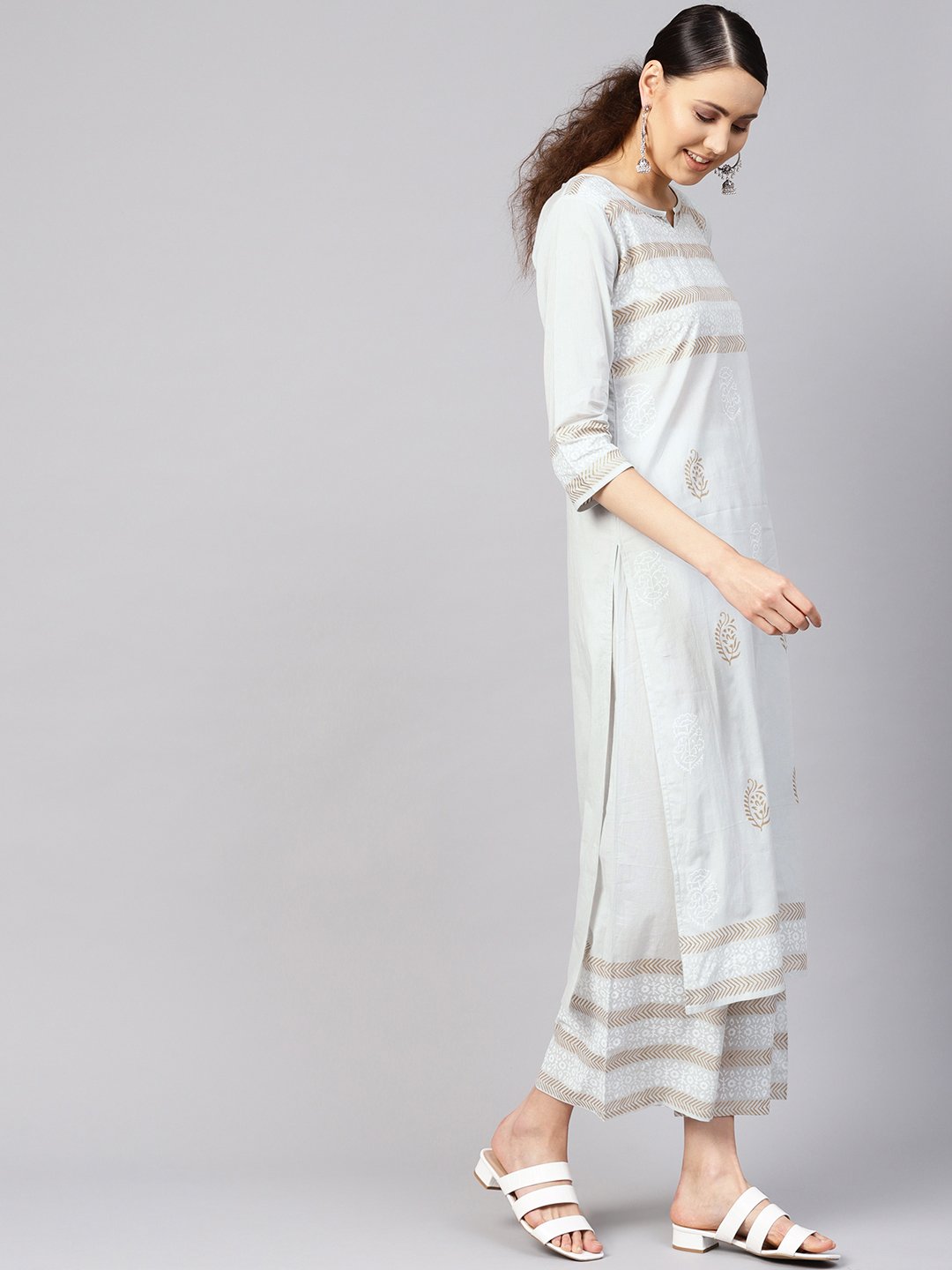 Women Grey & Golden Block Print Kurta with Palazzos | NOZ2TOZ - Made In INDIA.