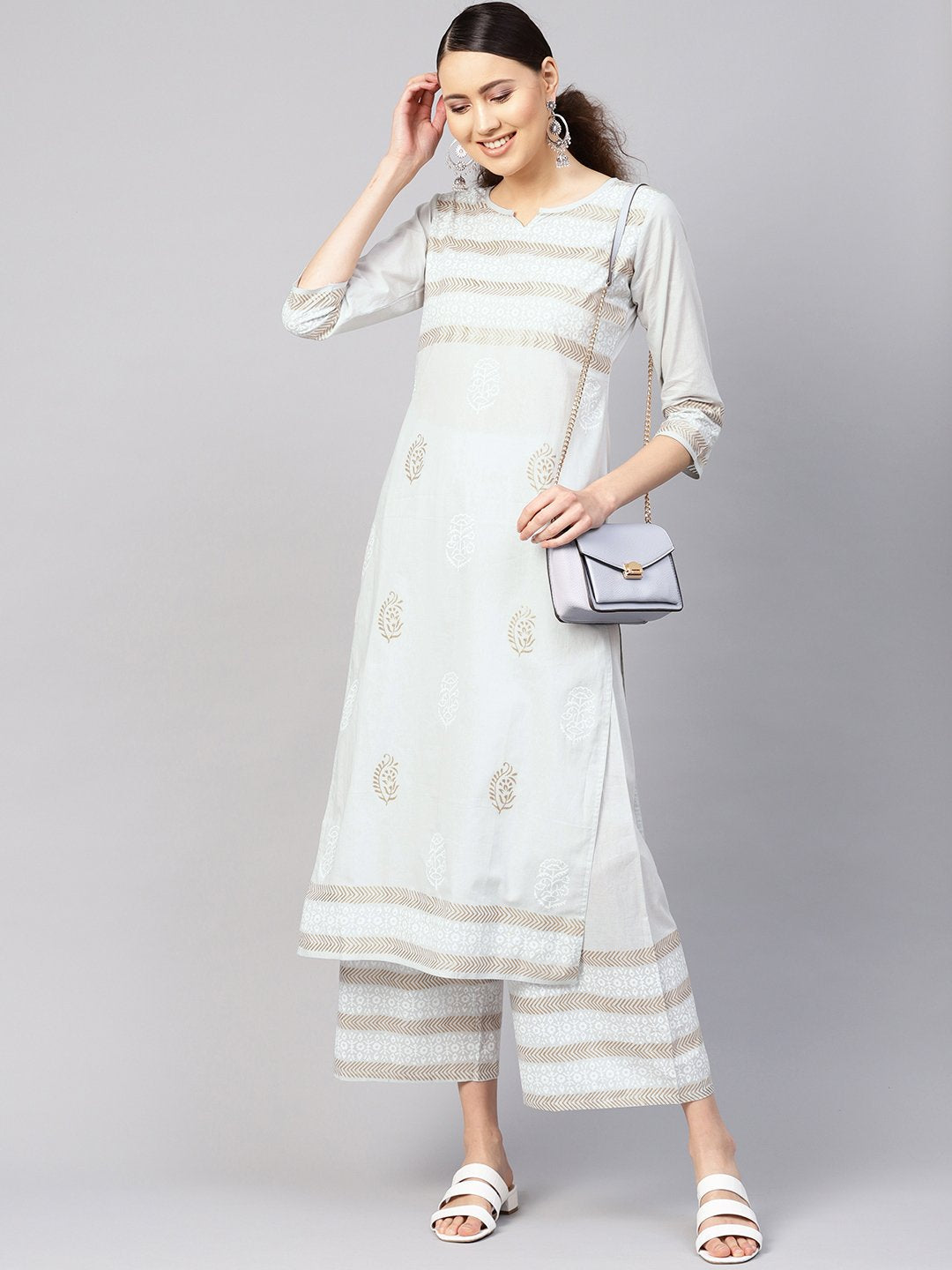 Women Grey & Golden Block Print Kurta with Palazzos | NOZ2TOZ - Made In INDIA.