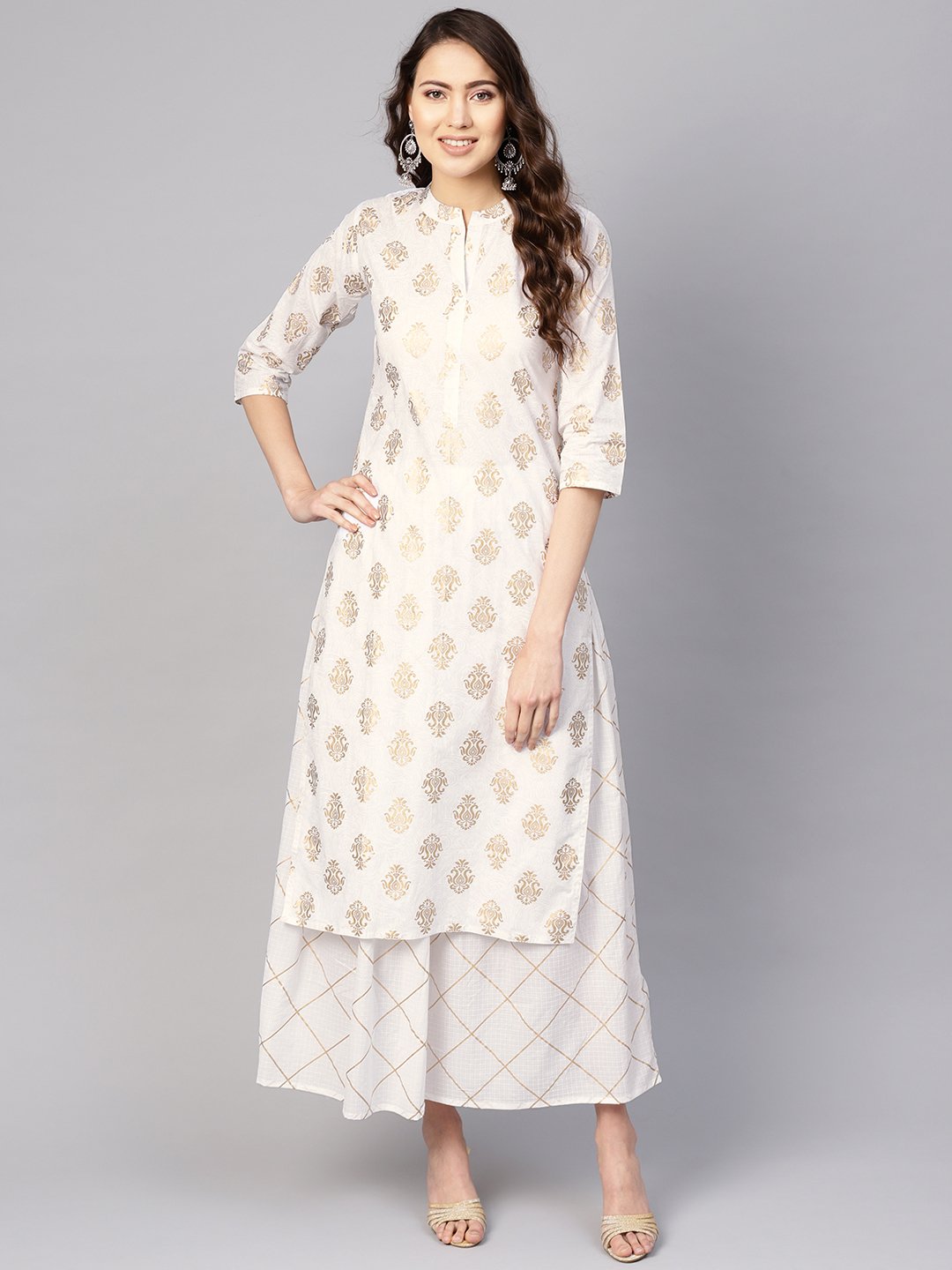 Women White & Golden Printed Kurta with Skirt | NOZ2TOZ - Made In INDIA.