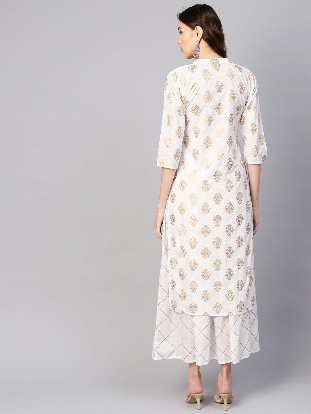 Women White & Golden Printed Kurta with Skirt | NOZ2TOZ - Made In INDIA.