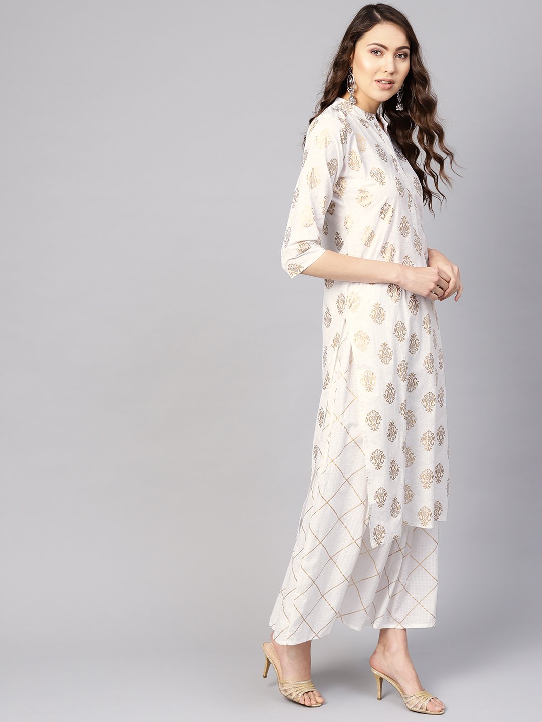 Women White & Golden Printed Kurta with Skirt | NOZ2TOZ - Made In INDIA.