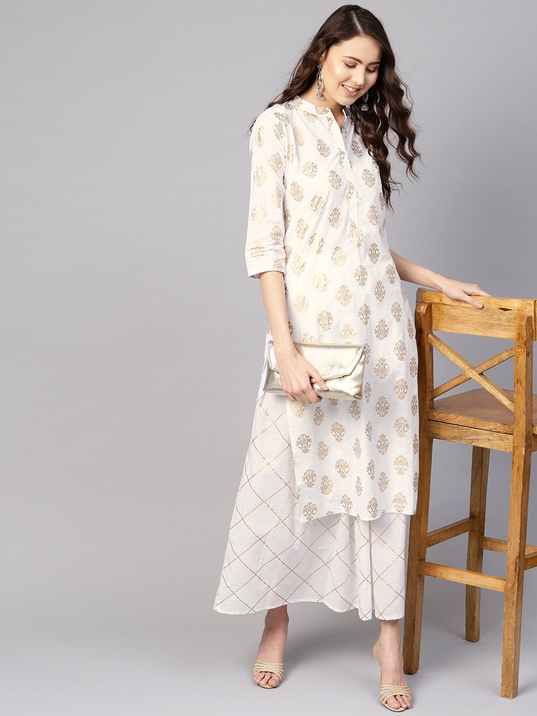 Women White & Golden Printed Kurta with Skirt | NOZ2TOZ - Made In INDIA.