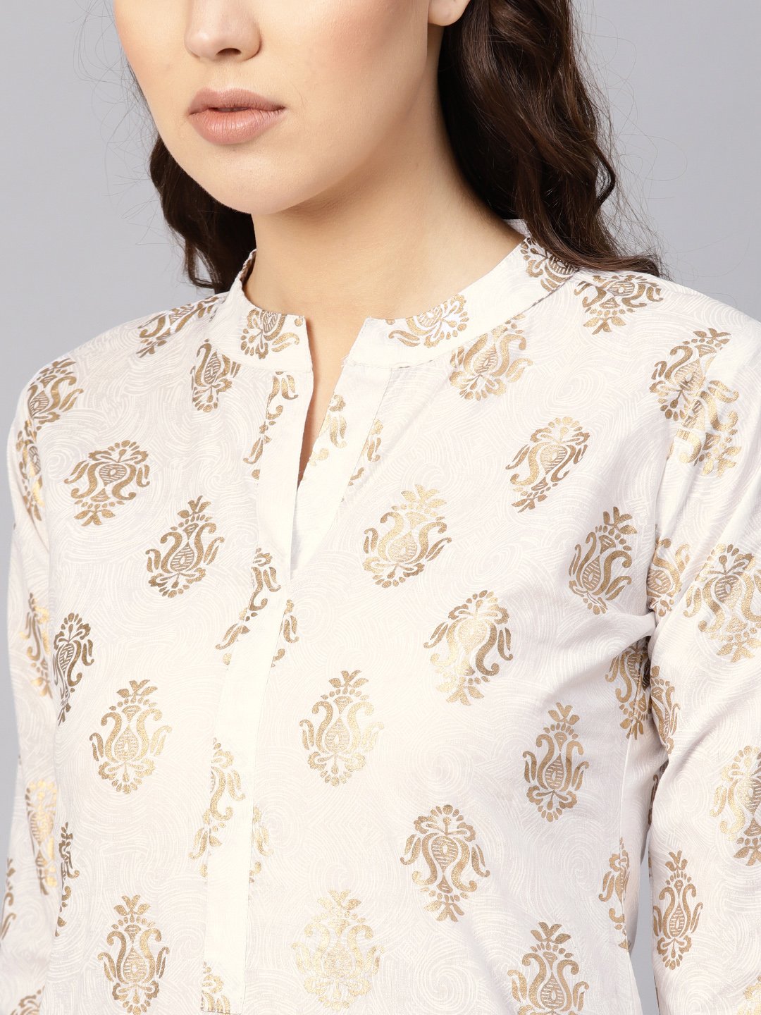 Women White & Golden Printed Kurta with Skirt | NOZ2TOZ - Made In INDIA.