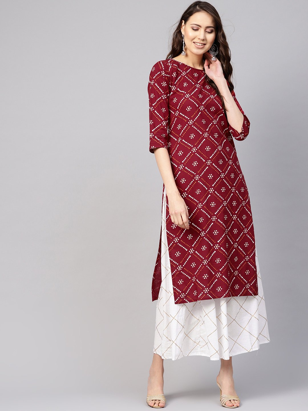 Women Maroon & White Bandhani Print Kurta with Skirt | NOZ2TOZ - Made In INDIA.