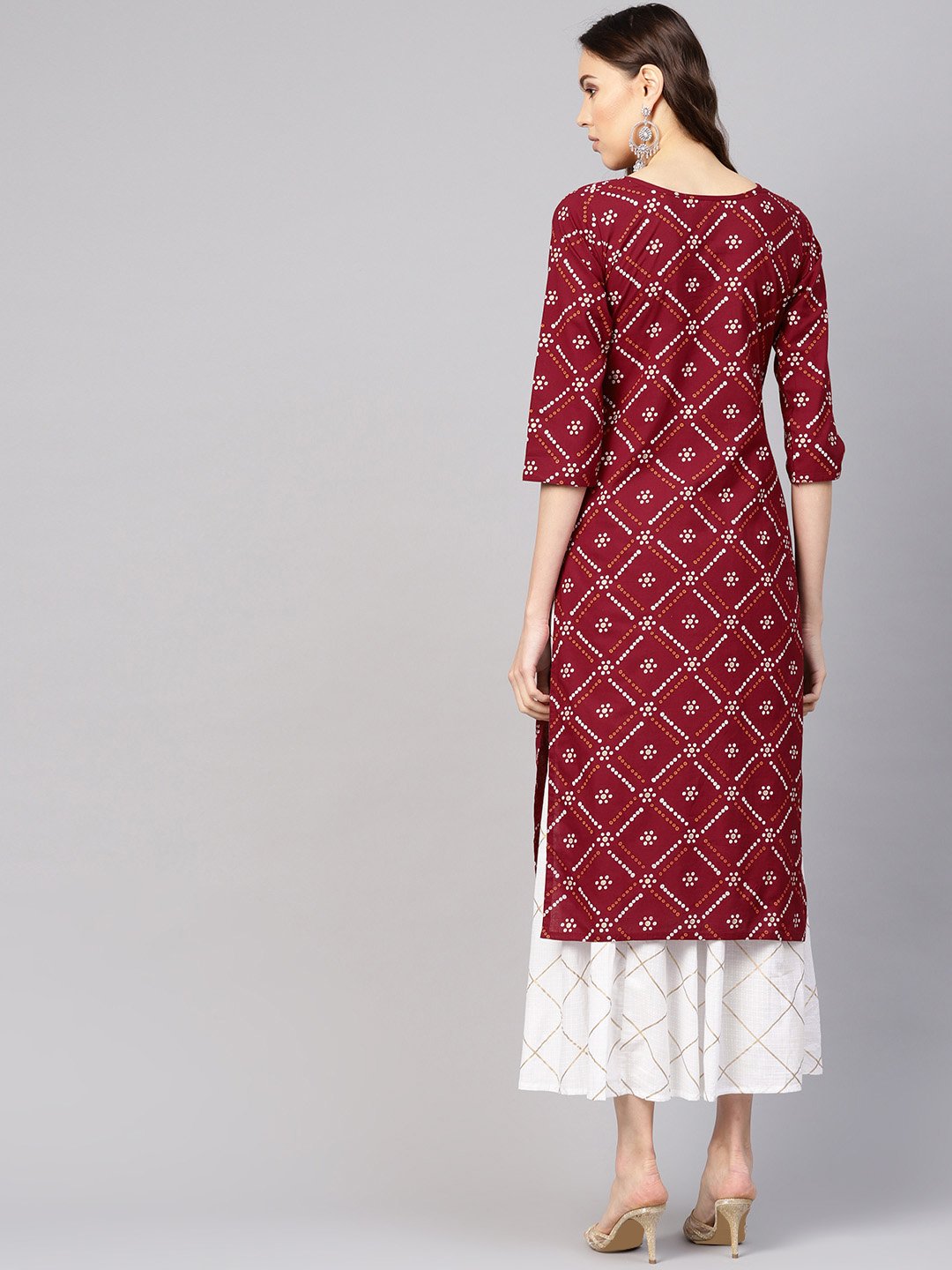 Women Maroon & White Bandhani Print Kurta with Skirt | NOZ2TOZ - Made In INDIA.