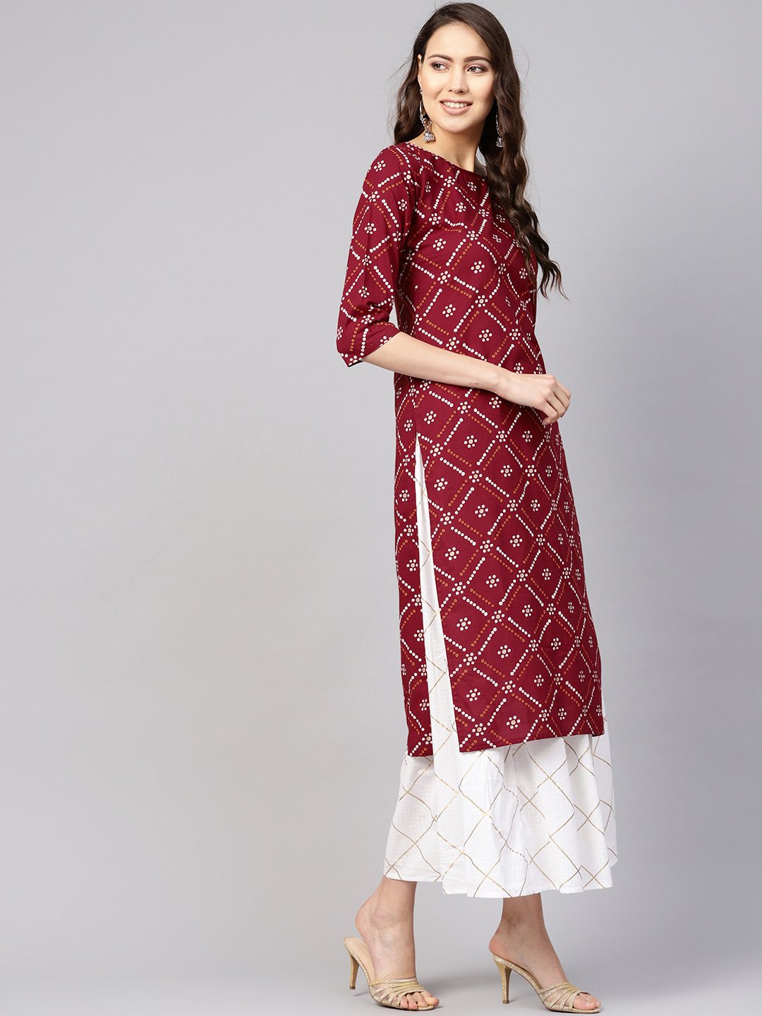 Women Maroon & White Bandhani Print Kurta with Skirt | NOZ2TOZ - Made In INDIA.