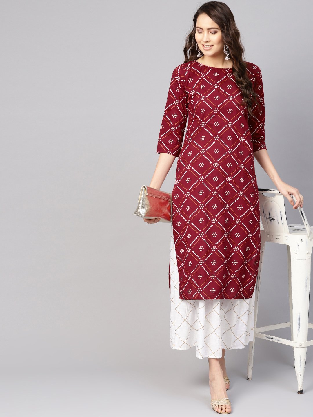 Women Maroon & White Bandhani Print Kurta with Skirt | NOZ2TOZ - Made In INDIA.