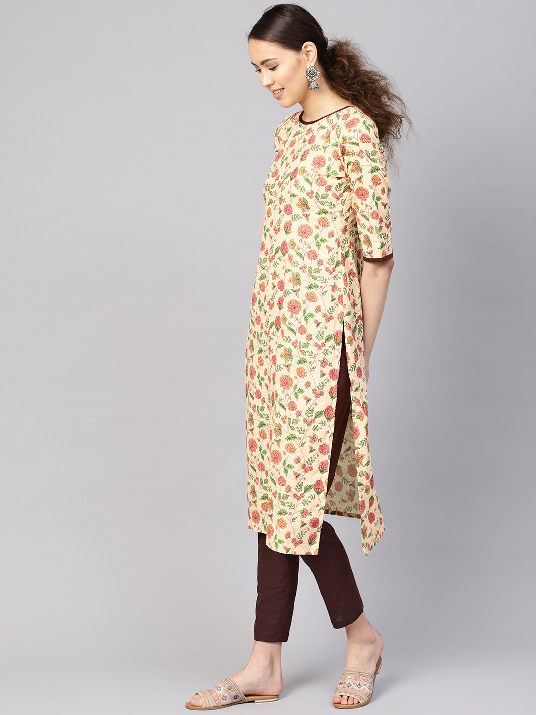 Women Cream-Coloured & Brown Printed Kurta with Trousers | NOZ2TOZ - Made In INDIA.