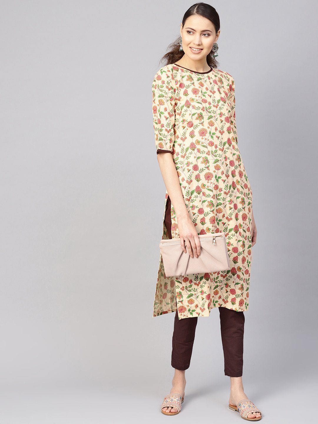 Women Cream-Coloured & Brown Printed Kurta with Trousers | NOZ2TOZ - Made In INDIA.