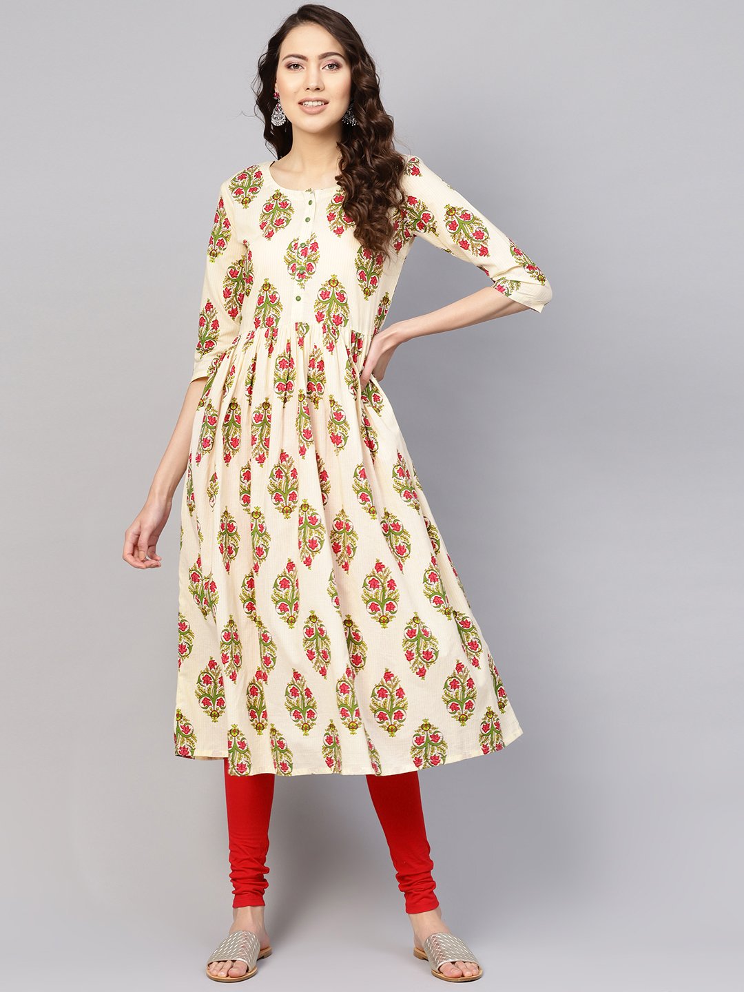 Women Off-White & Green Printed Midi Fit and Flare Dress | NOZ2TOZ - Made In INDIA.