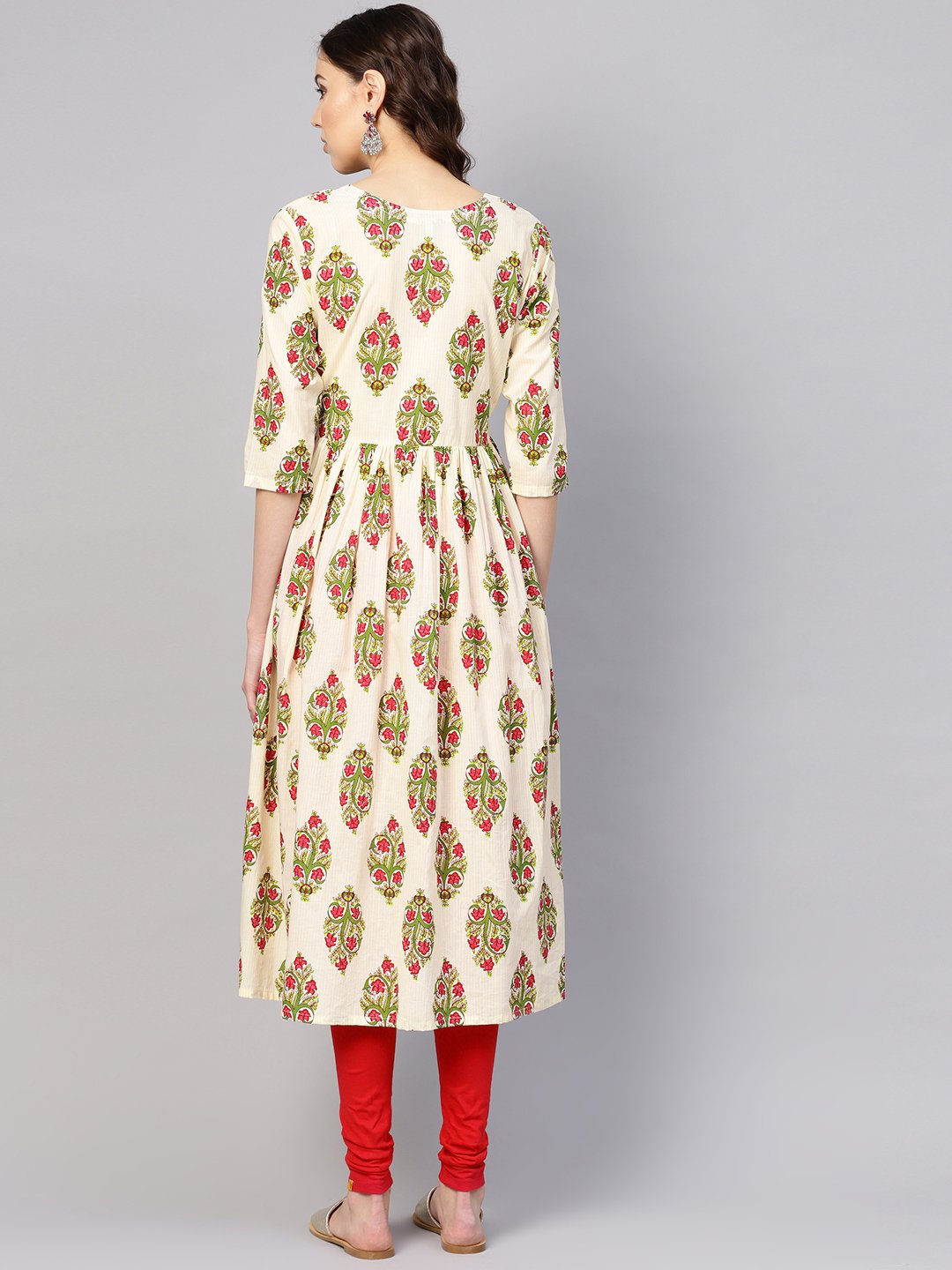 Women Off-White & Green Printed Midi Fit and Flare Dress | NOZ2TOZ - Made In INDIA.