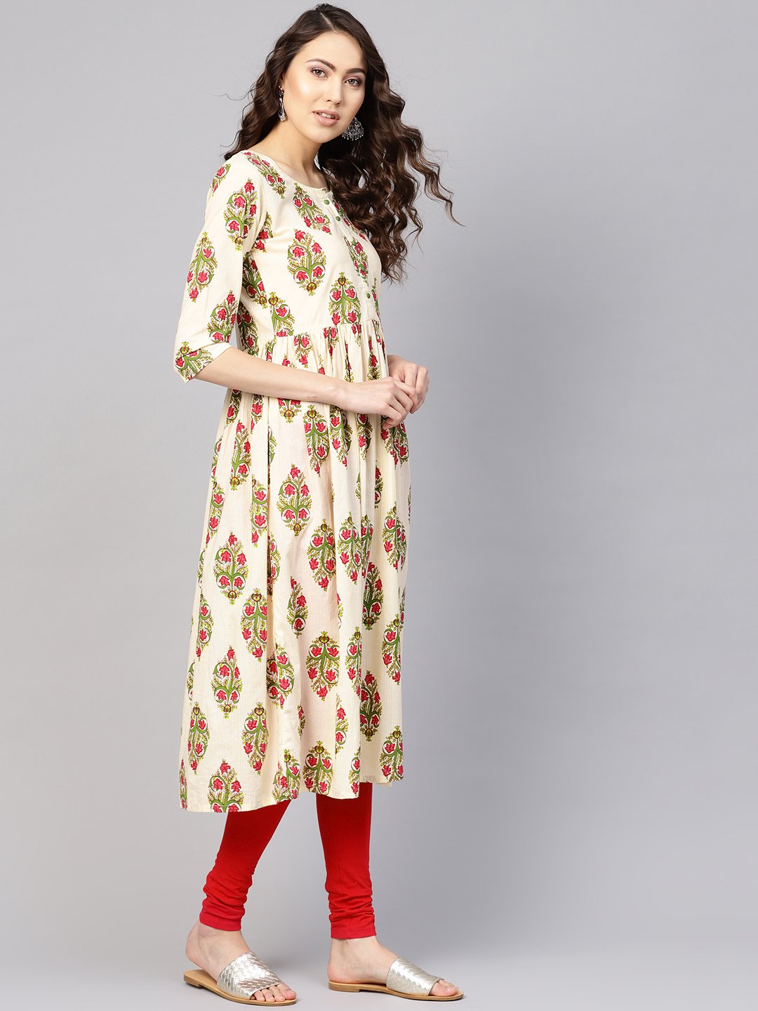 Women Off-White & Green Printed Midi Fit and Flare Dress | NOZ2TOZ - Made In INDIA.