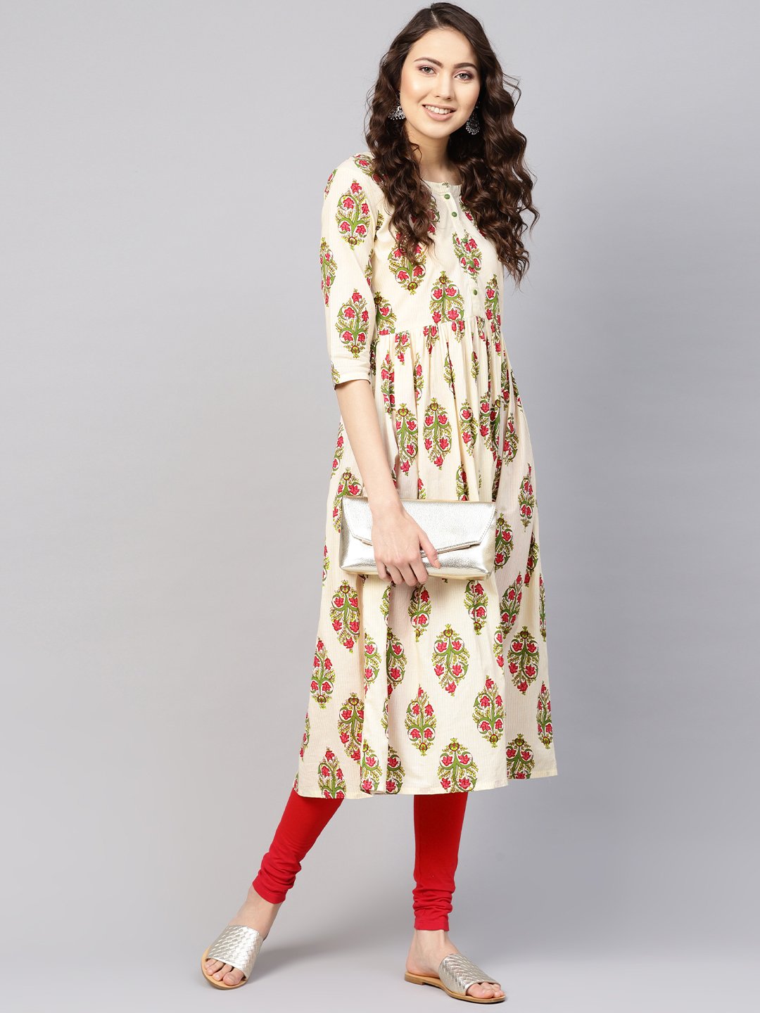 Women Off-White & Green Printed Midi Fit and Flare Dress | NOZ2TOZ - Made In INDIA.