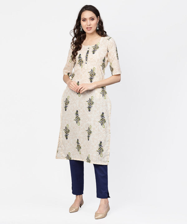 Women Off-White & Navy Blue Printed Kurta with Trousers | NOZ2TOZ - Made In INDIA.