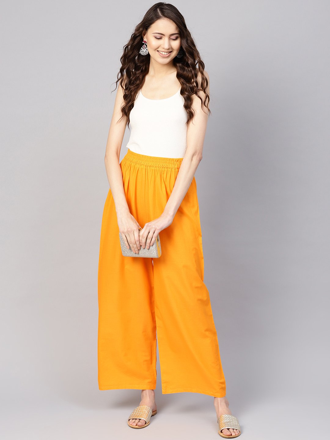 Women Orange Solid Wide Leg Palazzos | NOZ2TOZ - Made In INDIA.