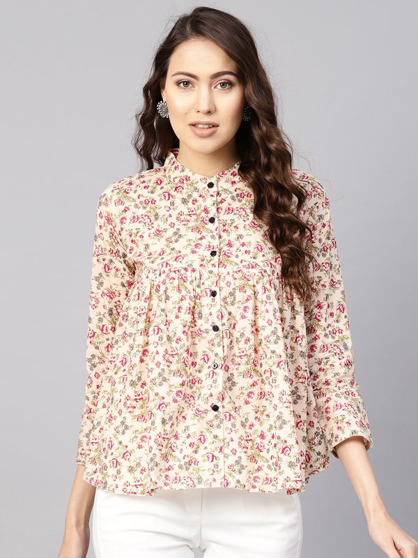 Women Beige & Pink Printed Shirt Style Top | NOZ2TOZ - Made In INDIA.