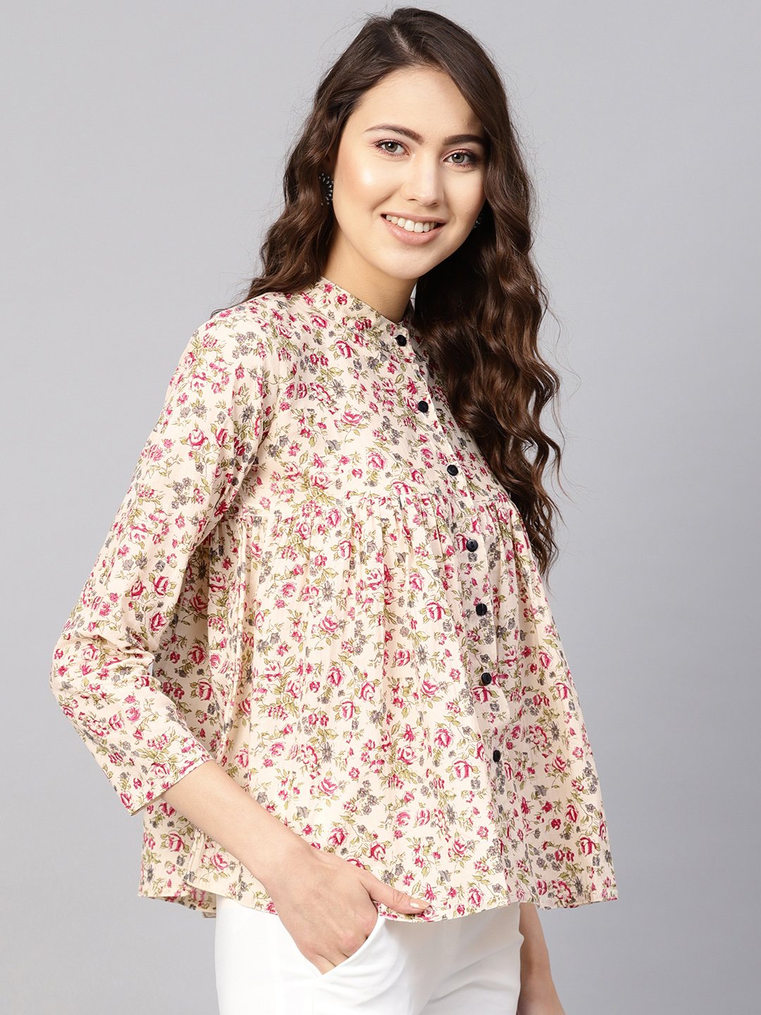 Women Beige & Pink Printed Shirt Style Top | NOZ2TOZ - Made In INDIA.