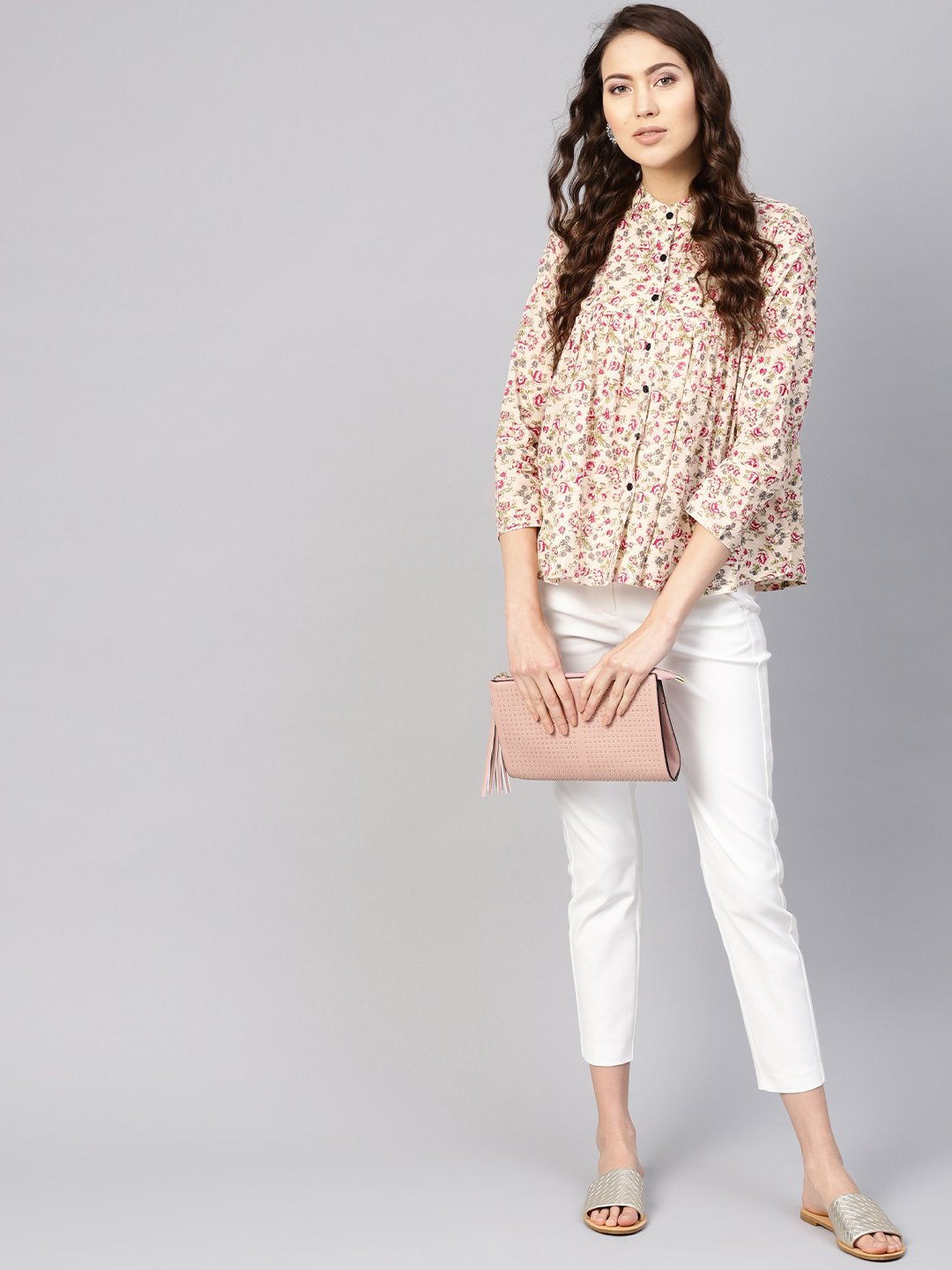 Women Beige & Pink Printed Shirt Style Top | NOZ2TOZ - Made In INDIA.