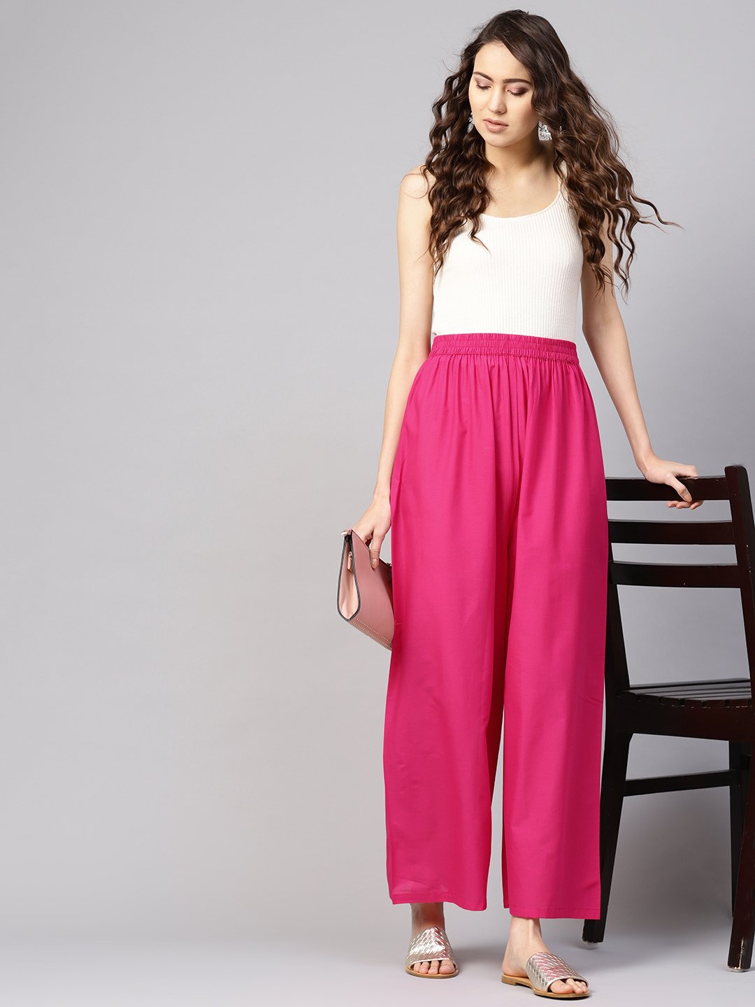 Women Fuchsia Pink Solid Wide Leg Palazzos | NOZ2TOZ - Made In INDIA.