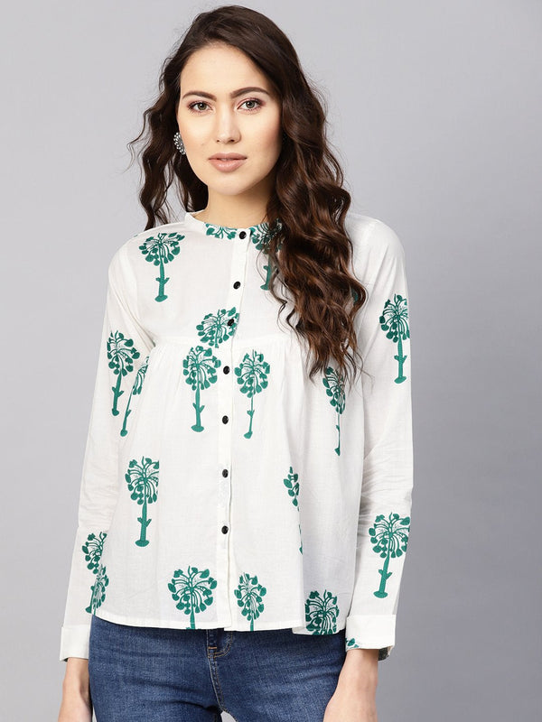 Women White & Green Printed Shirt Style Top | NOZ2TOZ - Made In INDIA.