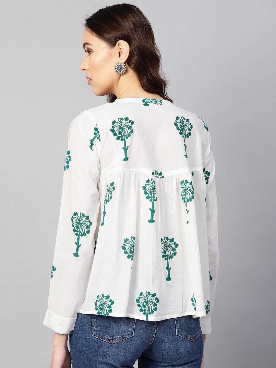 Women White & Green Printed Shirt Style Top | NOZ2TOZ - Made In INDIA.