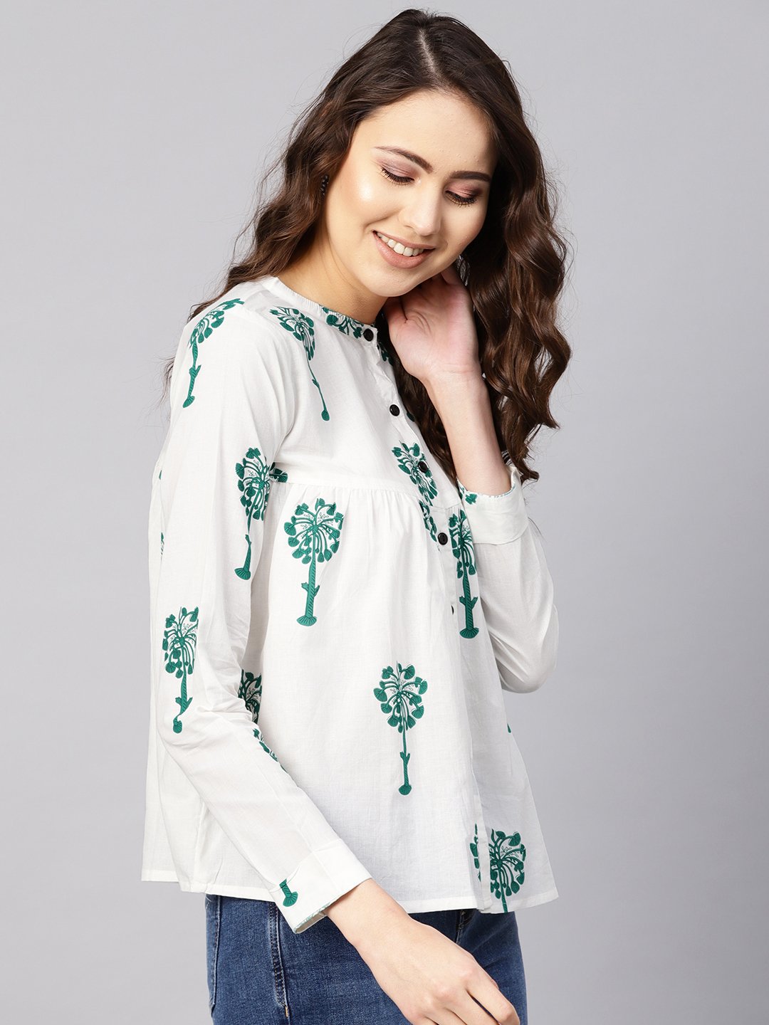 Women White & Green Printed Shirt Style Top | NOZ2TOZ - Made In INDIA.