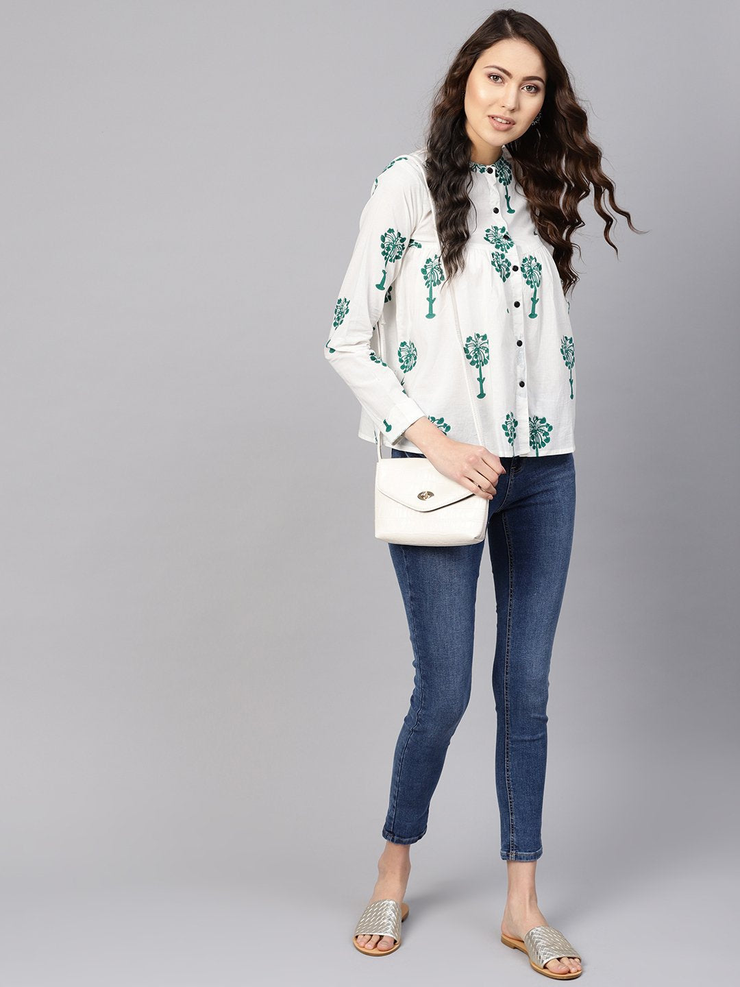 Women White & Green Printed Shirt Style Top | NOZ2TOZ - Made In INDIA.