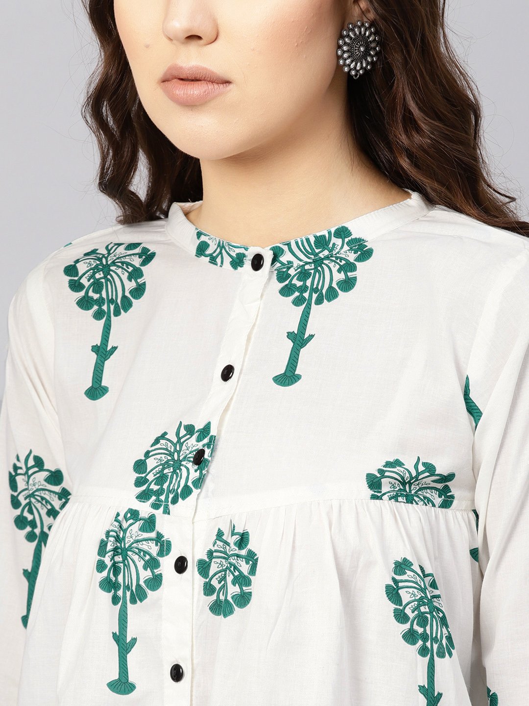 Women White & Green Printed Shirt Style Top | NOZ2TOZ - Made In INDIA.