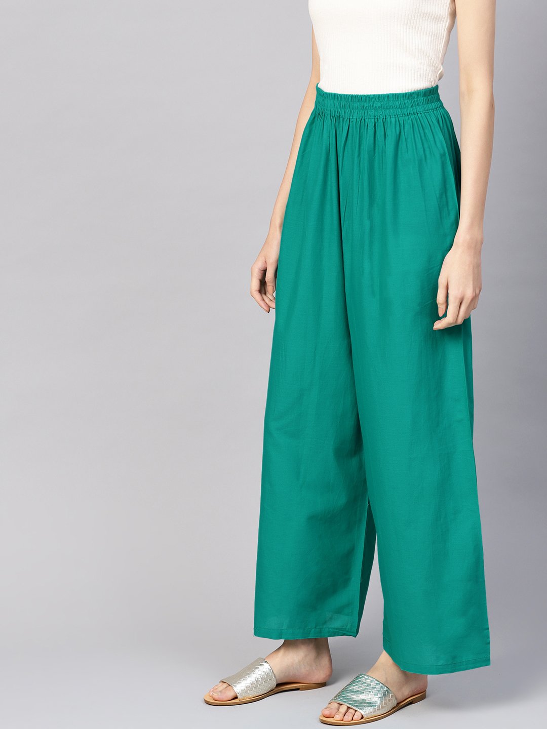 Women Green Solid Wide Leg Palazzos | NOZ2TOZ - Made In INDIA.