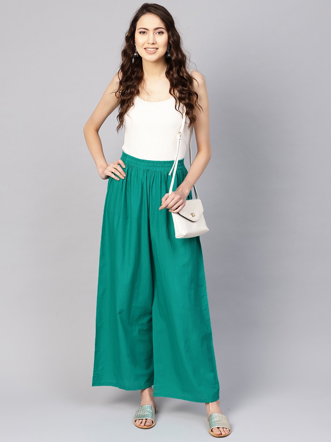 Women Green Solid Wide Leg Palazzos | NOZ2TOZ - Made In INDIA.