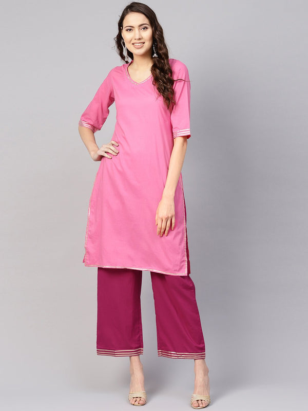 Women Pink Solid Kurta with Palazzos | NOZ2TOZ - Made In INDIA.