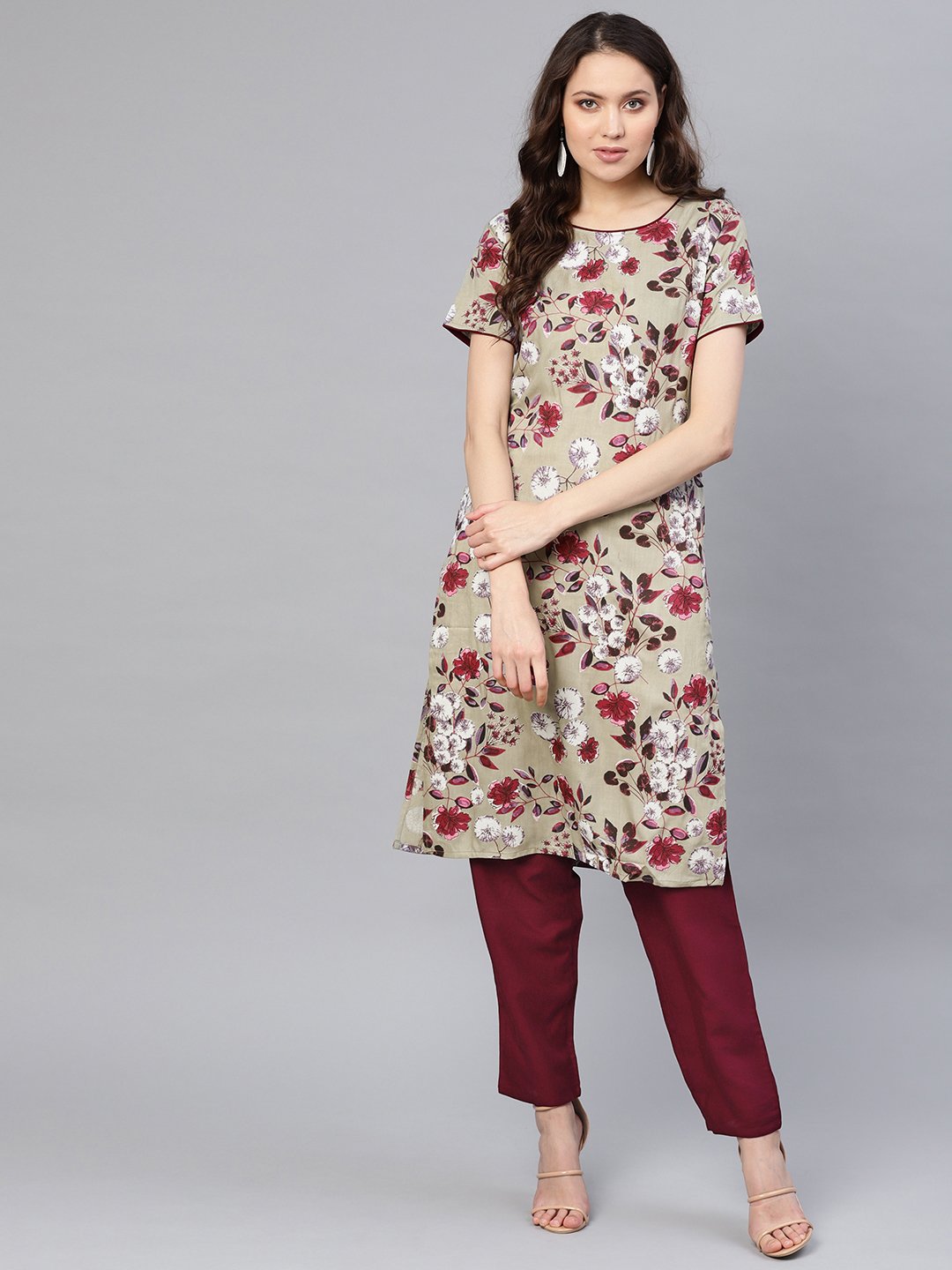 Women Grey & Burgundy Printed Kurta with Trousers | NOZ2TOZ - Made In INDIA.