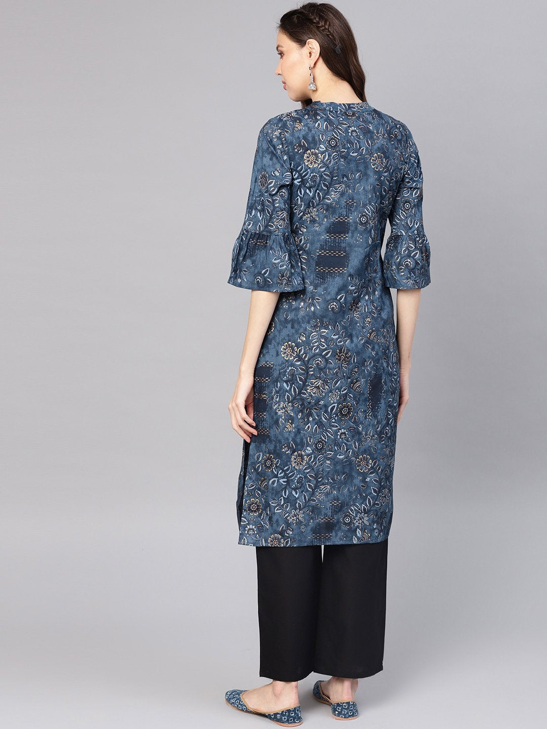 Women Navy Blue & Golden Printed Straight Kurta | NOZ2TOZ - Made In INDIA.