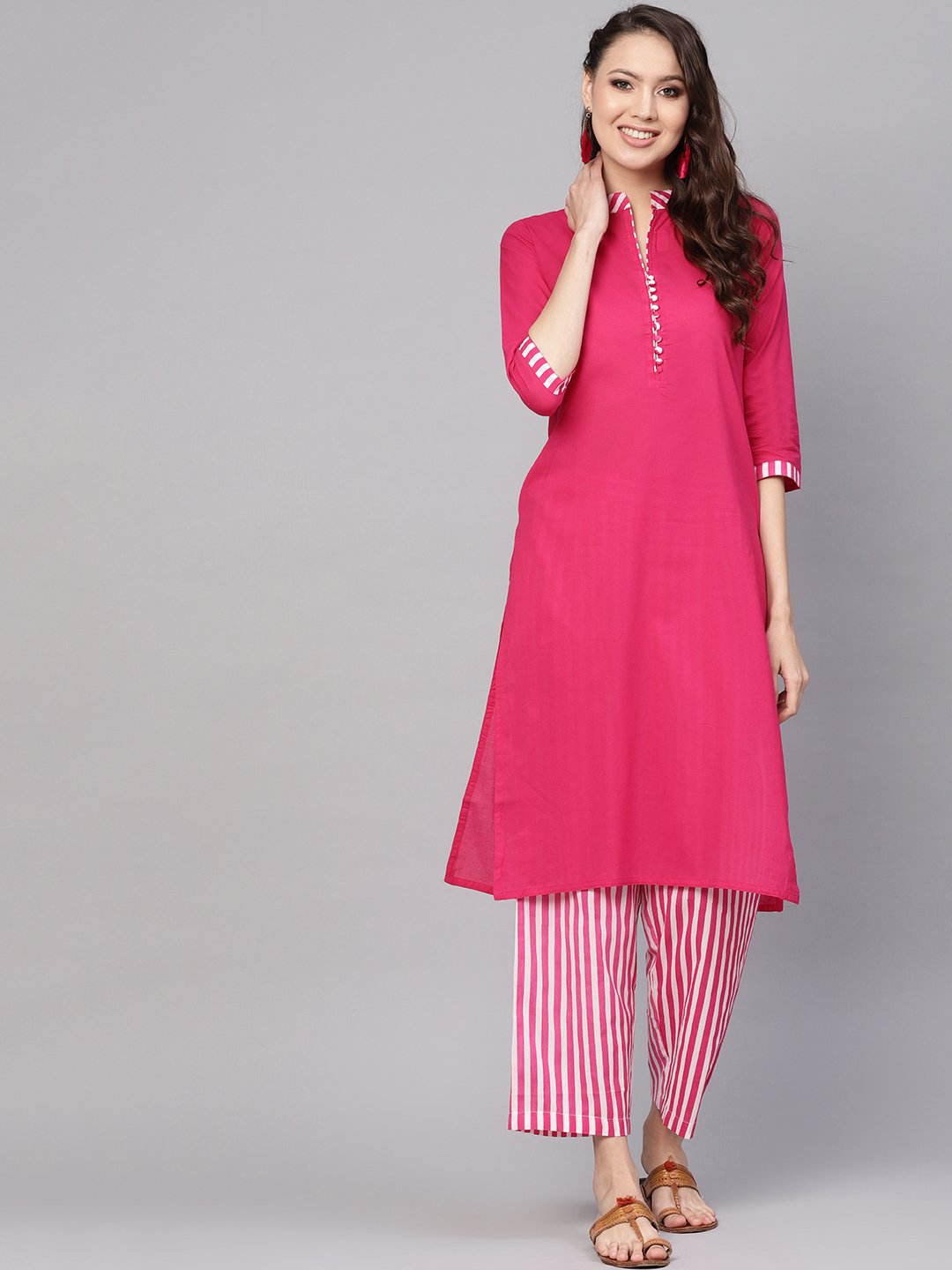 Women Pink & White Solid Kurta with Palazzos | NOZ2TOZ - Made In INDIA.