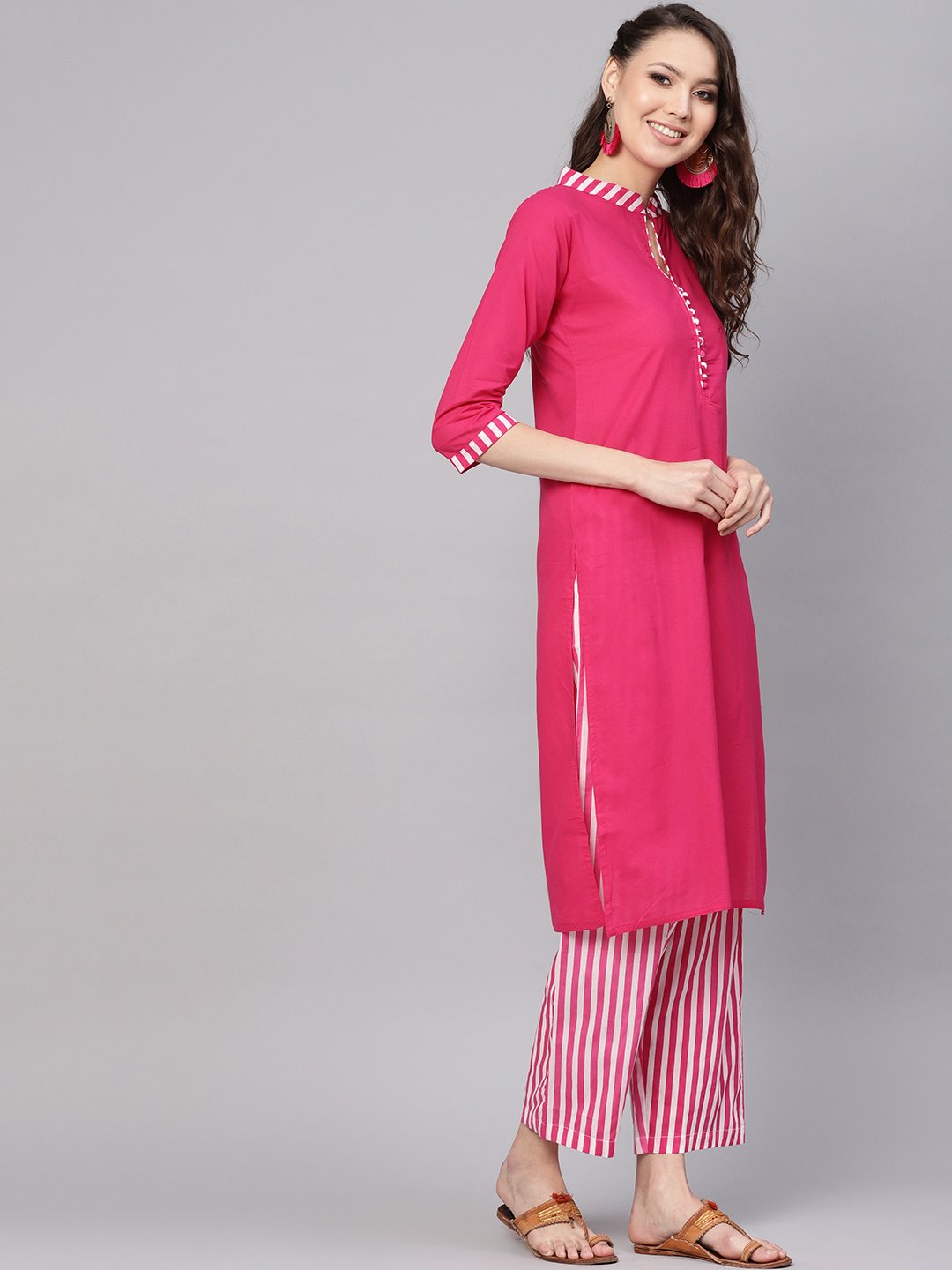 Women Pink & White Solid Kurta with Palazzos | NOZ2TOZ - Made In INDIA.