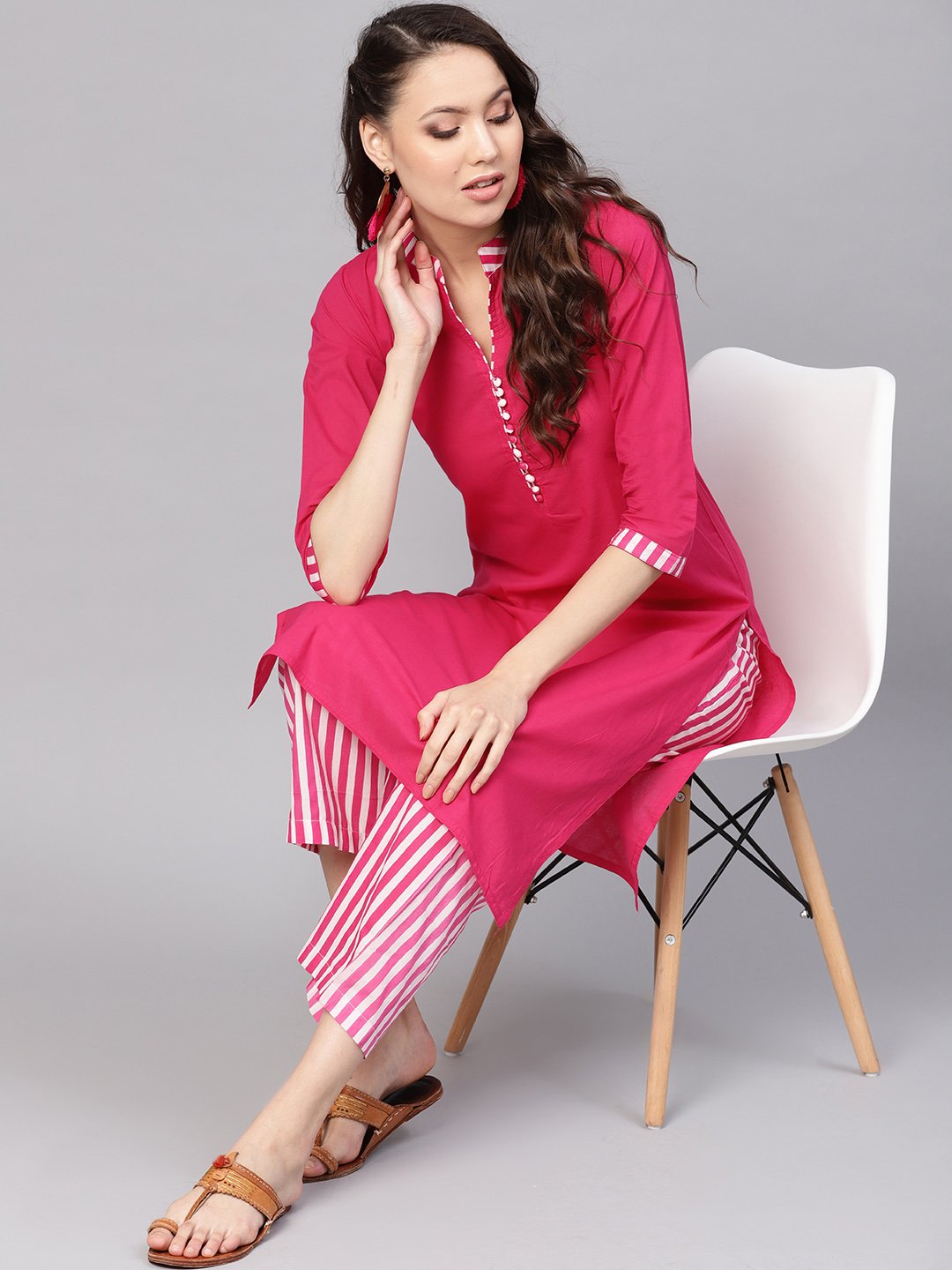 Women Pink & White Solid Kurta with Palazzos | NOZ2TOZ - Made In INDIA.