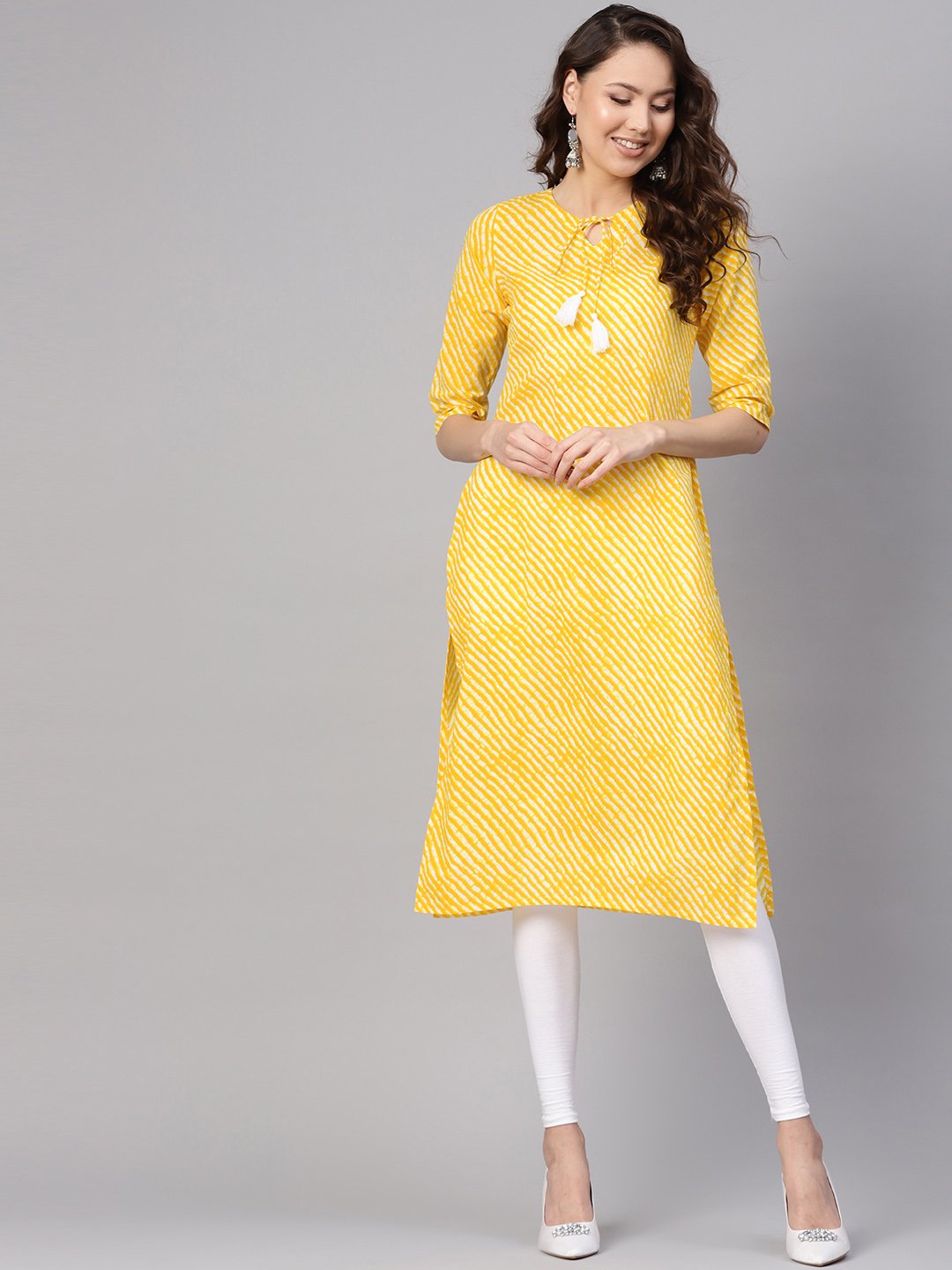 Women Yellow & White Leheriya Print Straight Kurta | NOZ2TOZ - Made In INDIA.